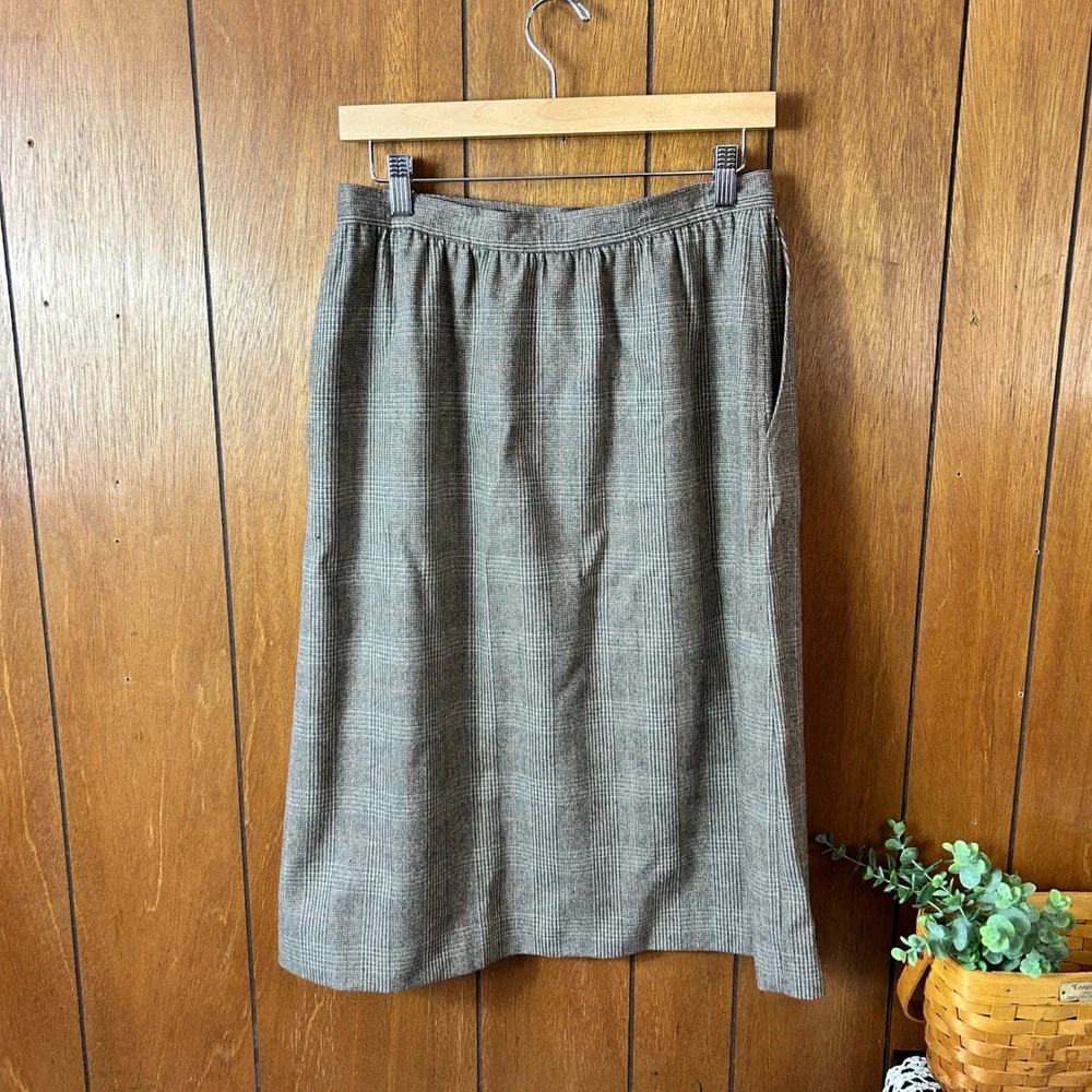 Evan Picone Plaid Wool Blend Midi Skirt Women's Size Petite‎ Brown Classic